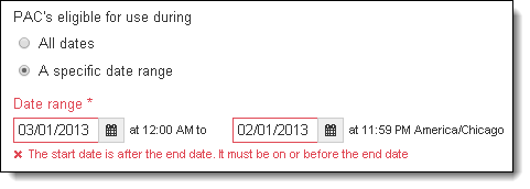 Private access code start date must be on or before end date.